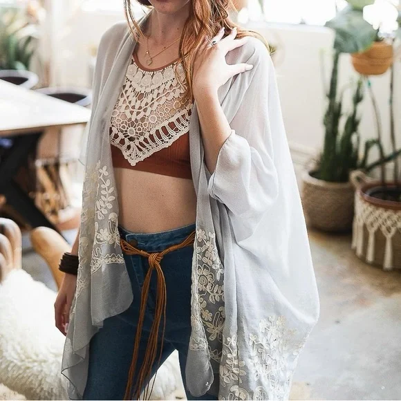 smoke grey Lace Embroidery RESORT TKimono Spring Summer color wrap Cover-up New - Picture 3 of 3